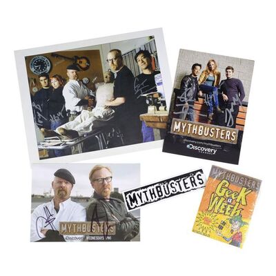 Lot # 90: Collection of MythBusters Branded Items with Cast Signed Promotional Photos
