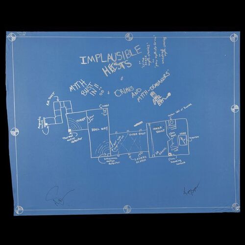 Lot # 93: Implausible Heists Blueprint Signed by Adam Savage and Kari Byron with Signed Poster
