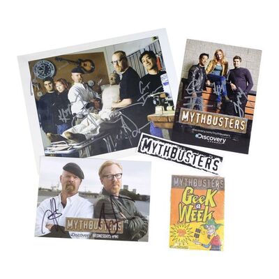 Lot # 100: Collection of MythBusters Branded Items with Large Cast Signed Promotional Photo Signed by Adam Savage, Jamie Hyneman, Kari Byron, Grant Imahara, and Tory Belleci
