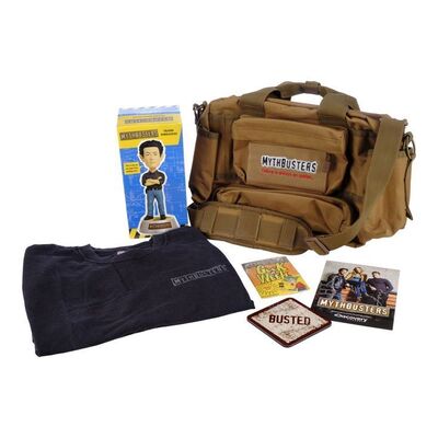 Lot # 104: Grant Talking Bobblehead with Set of MythBusters Branded Items from the Grant Imahara Collection
