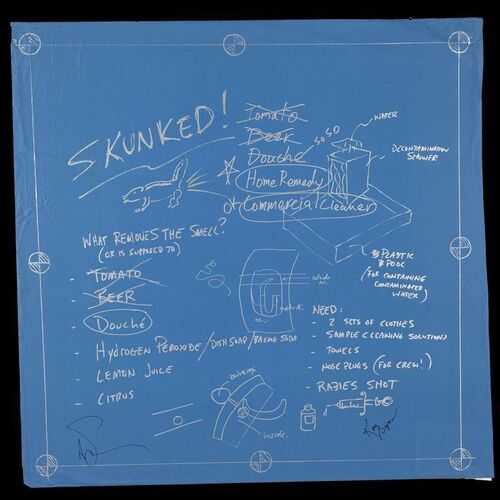 Lot # 105: Removing Skunk Smell Myth Blueprint Signed by Adam Savage and Kari Byron with Signed Poster