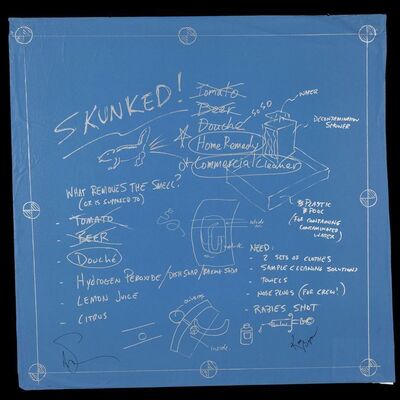 Lot # 105: Removing Skunk Smell Myth Blueprint Signed by Adam Savage and Kari Byron with Signed Poster