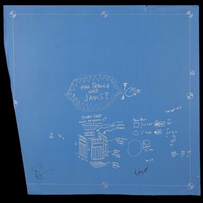 Lot # 108: How Strong Was Jaws? Blueprint Signed by Adam Savage and Kari Byron with Signed Poster