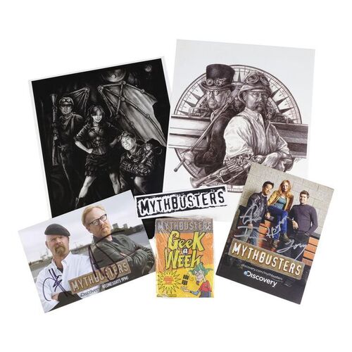 Lot # 109: Collection of MythBusters Branded Items with Cast Drawing Copies and Promotional Photos