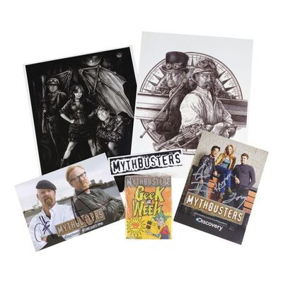 Lot # 109: Collection of MythBusters Branded Items with Cast Drawing Copies and Promotional Photos