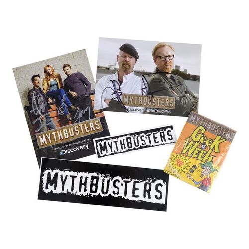 Lot # 114: Collection of MythBusters Branded Items with Signed Promotional Photos