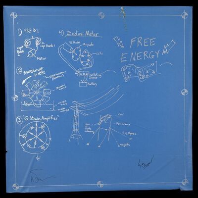 Lot # 119: Free Energy Blueprint Drawn by Adam Savage and Jamie Hyneman and Signed by Adam Savage and Kari Byron with Signed Poster