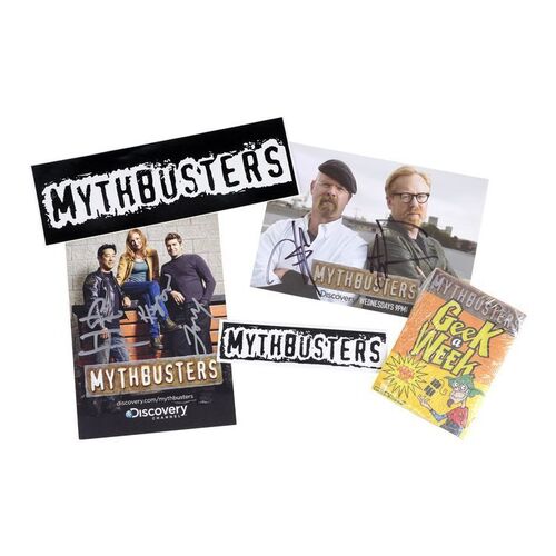 Lot # 120: Collection of MythBusters Branded Items with Signed Promotional Photos