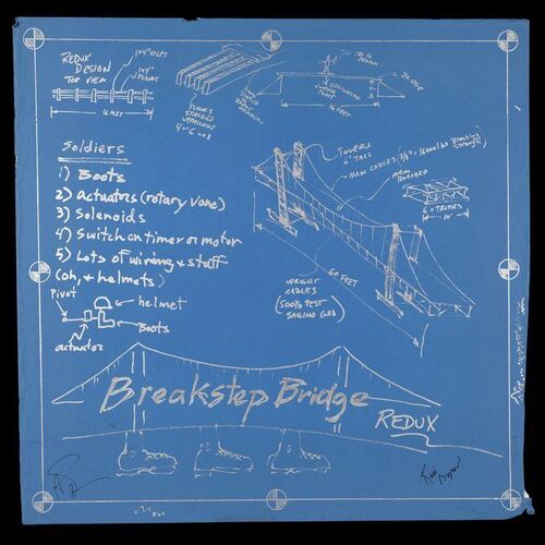 Lot # 122: Break Step Bridge Blueprint Drawn by Jamie Hyneman and Signed by Adam Savage and Kari Byron with Signed Poster