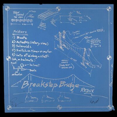 Lot # 122: Break Step Bridge Blueprint Drawn by Jamie Hyneman and Signed by Adam Savage and Kari Byron with Signed Poster