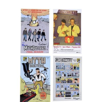 Lot # 130: Set of Four MythBusters Full Team Signed Posters with 2010 Poster Signed Adam Savage, Jamie Hyneman, Kari Byron, Grant Imahara, and Tory Belleci