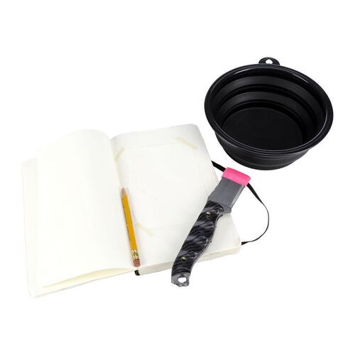 Lot # 35: JOHN WICK: CHAPTER 4 (2023): Tracker's Unaged Notebook, Pencil, SFX Knife, and Collapsible Dog Bowl