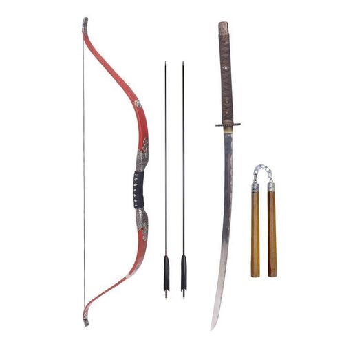 Lot # 36: JOHN WICK: CHAPTER 4 (2023): John Wick's Osaka Continental Katana, Bow with Arrows, and Nunchaku
