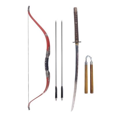 Lot # 36: JOHN WICK: CHAPTER 4 (2023): John Wick's Osaka Continental Katana, Bow with Arrows, and Nunchaku