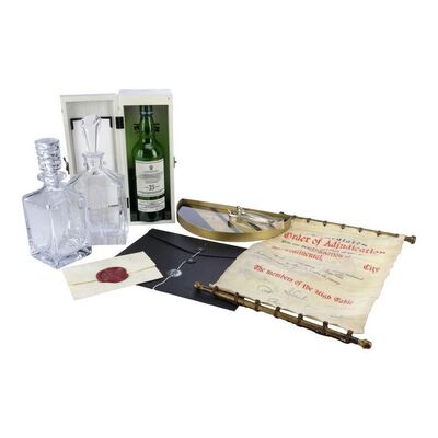 Lot # 37: JOHN WICK: CHAPTER 4 (2023): The Marquis de Gramont's New York Desk Accessories with Whisky Bottle and Sealed High Table Decree