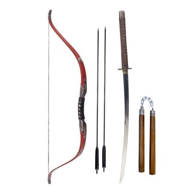 Lot # 70: JOHN WICK: CHAPTER 4 (2023): John Wick's Osaka Continental Katana, Bow with Arrows, and Nunchaku