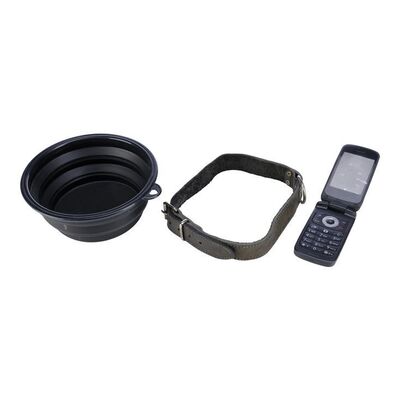 Lot # 83: JOHN WICK: CHAPTER 4 (2023): Tracker's Stunt Phone with Belgian Malinois' Collar and Bowl