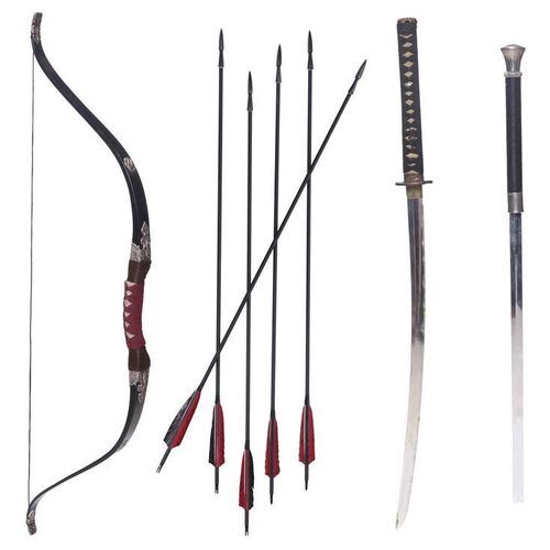 Lot # 96: JOHN WICK: CHAPTER 4 (2023): Main Character Weapons Lot with Akira Bow and Arrows