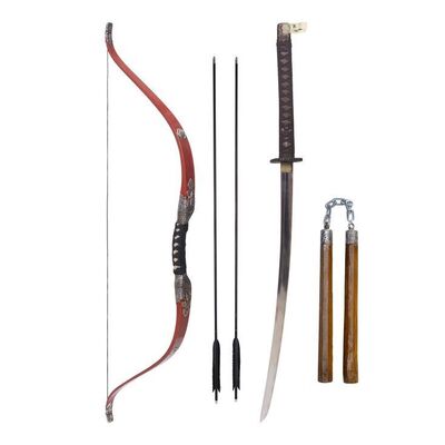Lot # 103: JOHN WICK: CHAPTER 4 (2023): John Wick's Osaka Continental Katana, Bow with Arrows, and Nunchaku