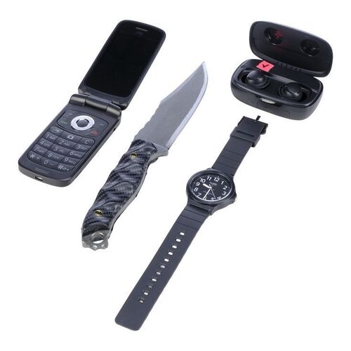 Lot # 115: JOHN WICK: CHAPTER 4 (2023): Tracker's Cell Phone, Earbuds, Knife, and Watch