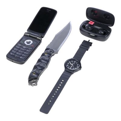 Lot # 115: JOHN WICK: CHAPTER 4 (2023): Tracker's Cell Phone, Earbuds, Knife, and Watch