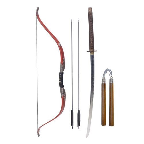 Lot # 131: JOHN WICK: CHAPTER 4 (2023): John Wick's Osaka Continental Katana, Bow with Arrows, and Nunchaku