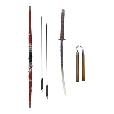 Lot # 150: JOHN WICK: CHAPTER 4 (2023): John Wick's Osaka Continental Katana, Bow with Arrows, and Nunchaku
