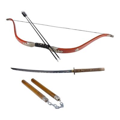 Lot # 171: JOHN WICK: CHAPTER 4 (2023): John Wick's Osaka Continental Katana, Bow with Arrows, and Nunchaku