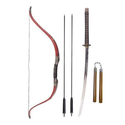 Lot # 195: JOHN WICK: CHAPTER 4 (2023): John Wick's Osaka Continental Katana, Bow with Arrows, and Nunchaku