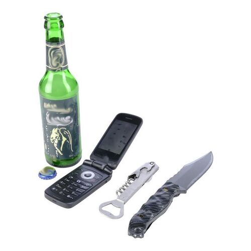 Lot # 232: JOHN WICK: CHAPTER 4 (2023): Tracker's Beer Bottle, Bottle Opener, Stunt Knife, and Stunt Phone
