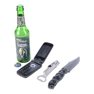 Lot # 232: JOHN WICK: CHAPTER 4 (2023): Tracker's Beer Bottle, Bottle Opener, Stunt Knife, and Stunt Phone