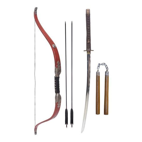 Lot # 235: JOHN WICK: CHAPTER 4 (2023): John Wick's Osaka Continental Katana, Bow with Arrows, and Nunchaku