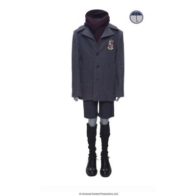 Lot # 23: The Umbrella Academy (2019-2024): Number Five's (Aidan Gallagher) Bank Press Conference Umbrella Academy Uniform with Stunt Jacket and Tattoo Sticker