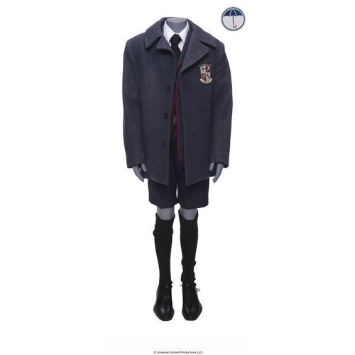 Lot # 29: The Umbrella Academy (2019-2024): Young Ben Hargreeves's (Ethan Hwang) Bank Press Conference Umbrella Academy Uniform with Tattoo Sticker