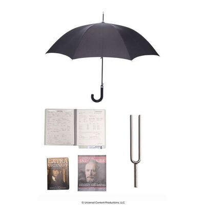 Lot # 39: The Umbrella Academy (2019-2024): Sir Reginald Hargreeves's (Colm Feore) Umbrella with Book, Magazine, Autopsy File, and Tuning Fork