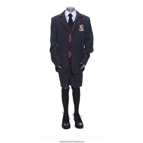 Lot # 60: The Umbrella Academy (2019-2024): Young Diego Hargreeves's (Blake Talabis) Umbrella Academy Uniform Costume with Tattoo Sticker