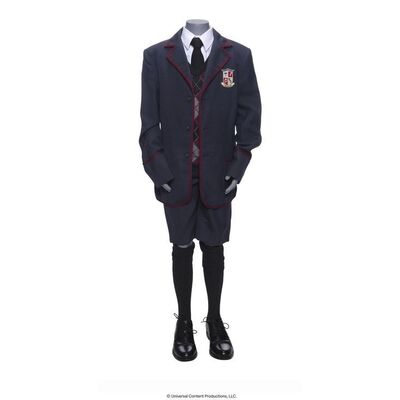Lot # 60: The Umbrella Academy (2019-2024): Young Diego Hargreeves's (Blake Talabis) Umbrella Academy Uniform Costume with Tattoo Sticker