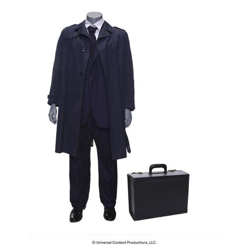 Lot # 70: The Umbrella Academy (2019-2024): Hazel's (Cameron Britton) Suit Costume with Trench Coat and Briefcase