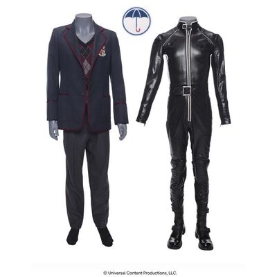 Lot # 77: The Umbrella Academy (2019-2024): Young Diego Hargreeves's (Blake Talabis) Leather Umbrella Academy Uniform and Classic Uniform Components