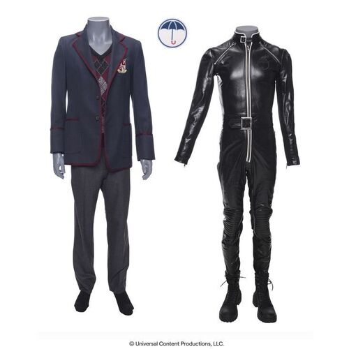 Lot # 81: The Umbrella Academy (2019-2024): Young Ben Hargreeves's (Ethan Hwang) Mission Costume and Classic Academy Uniform Components with Tattoo Sticker
