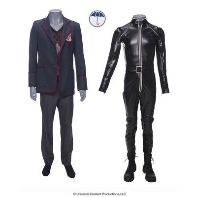 Lot # 81: The Umbrella Academy (2019-2024): Young Ben Hargreeves's (Ethan Hwang) Mission Costume and Classic Academy Uniform Components with Tattoo Sticker