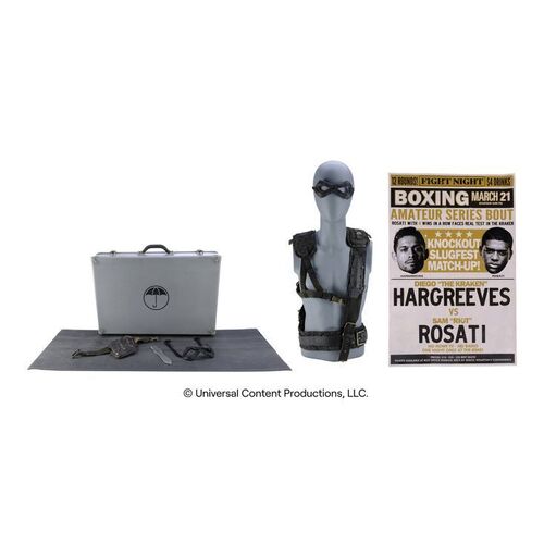 Lot # 94: The Umbrella Academy (2019-2024): Diego Hargreeves's (David Casta&Atilde;&fnof;&Acirc;&plusmn;eda) Vigilante Mask and Accessories with Umbrella Academy Metal Knife Case
