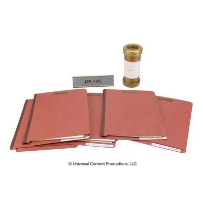 Lot # 104: The Umbrella Academy (2019-2024): Number Five's (Aidan Gallagher) Commission Desk Files, Nameplate and Accessories