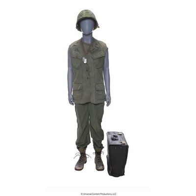 Lot # 108: The Umbrella Academy (2019-2024): Klaus Hargreeves's (Robert Sheehan) Vietnam Costume with Dog Tags and Distressed Briefcase