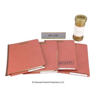 Lot # 110: The Umbrella Academy (2019-2024): Number Five's (Aidan Gallagher) Commission Desk Files, Nameplate, and Accessories