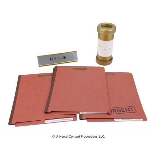 Lot # 116: The Umbrella Academy (2019-2024): Number Five's (Aidan Gallagher) Commission Desk Files, Nameplate, and Accessories