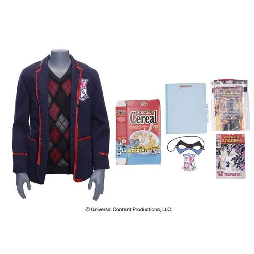 Lot # 119: The Umbrella Academy (2019-2024): Young Harold Jenkins's (Jesse Noah Gruman) Makeshift Umbrella Academy Costume with Accessories