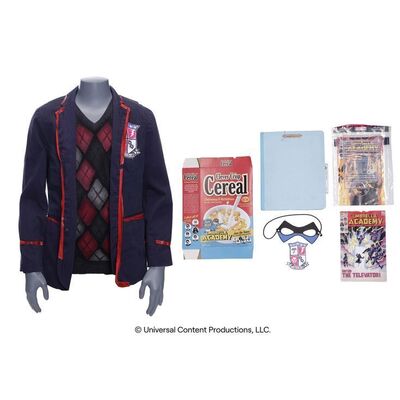 Lot # 119: The Umbrella Academy (2019-2024): Young Harold Jenkins's (Jesse Noah Gruman) Makeshift Umbrella Academy Costume with Accessories