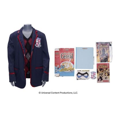 Lot # 124: The Umbrella Academy (2019-2024): Young Harold Jenkins's (Jesse Noah Gruman) Makeshift Umbrella Academy Costume with Accessories