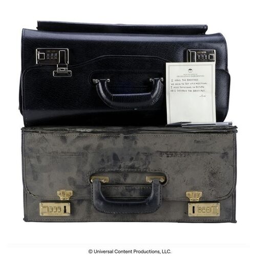 Lot # 136: The Umbrella Academy (2019-2024): Number Five's (Aidan Gallagher) Note to Hazel and Cha-Cha with Empty Fake Briefcase and Damaged Time Travel Briefcase